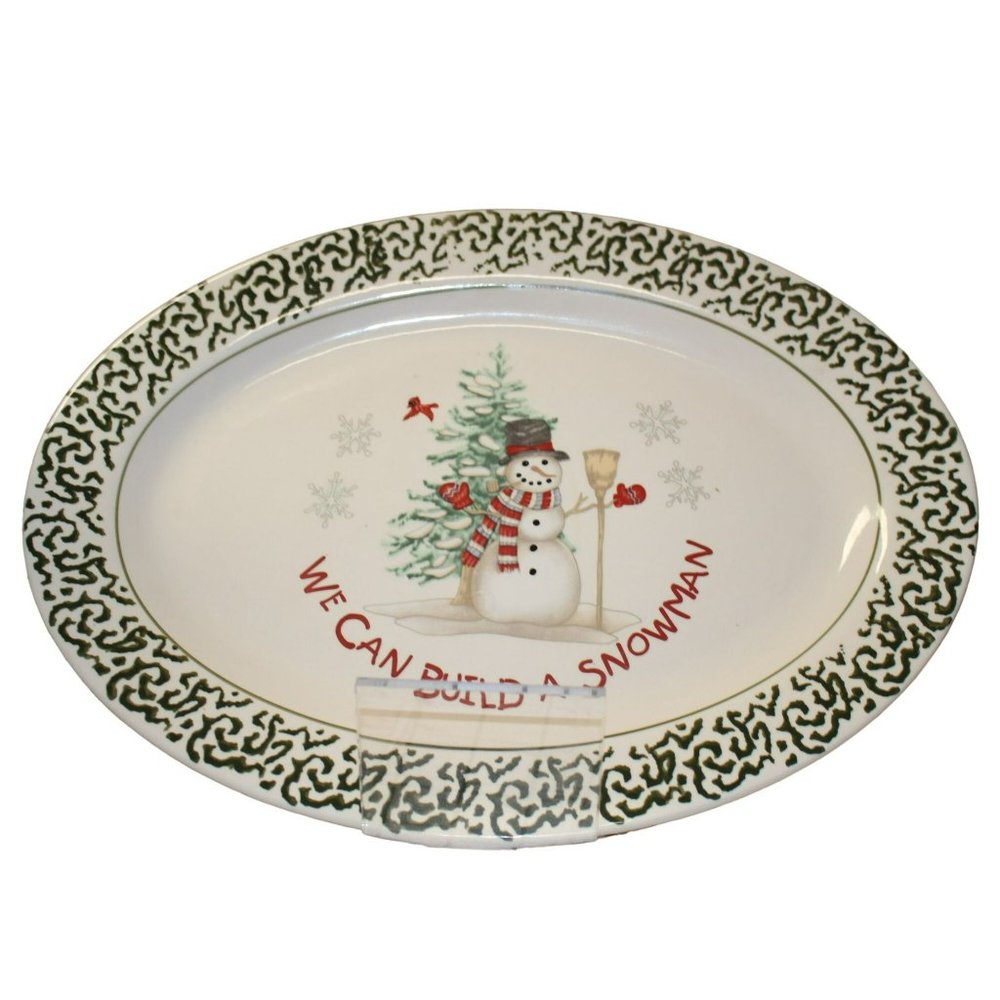 We Can Build a Snowman Large Oval Serving Meat Platter Sponge Stoneware 14"